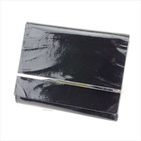 Gucci Wallet Purse Trifold Black Enamel leather Woman Authentic Used D1834 - Picture 1 of 10